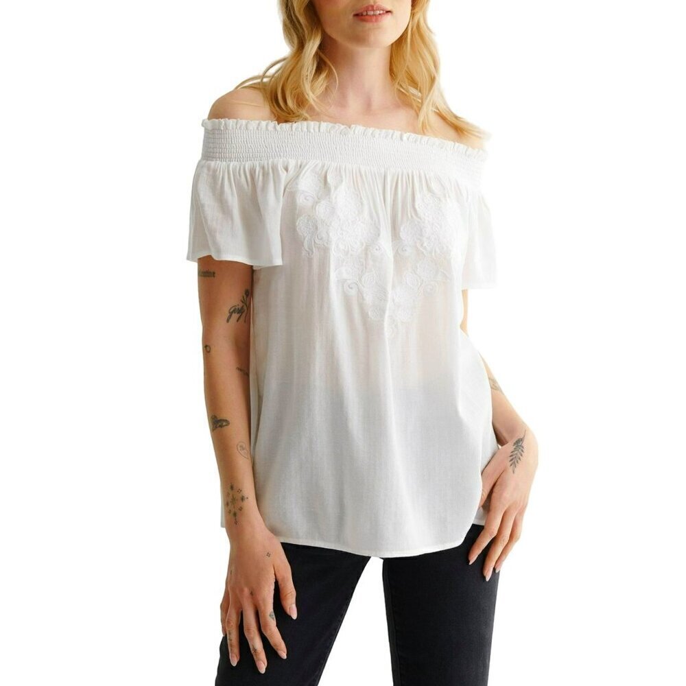 NWT Lucky Brand Women's Off The Shoulder Embroidered Top Blouse